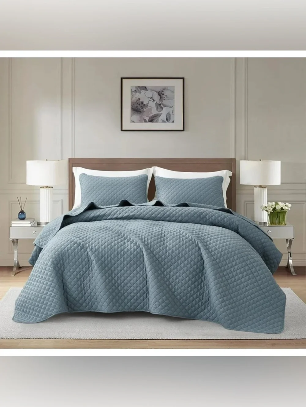 Light Blue Quilted king 3 piece Bedspread Set -
